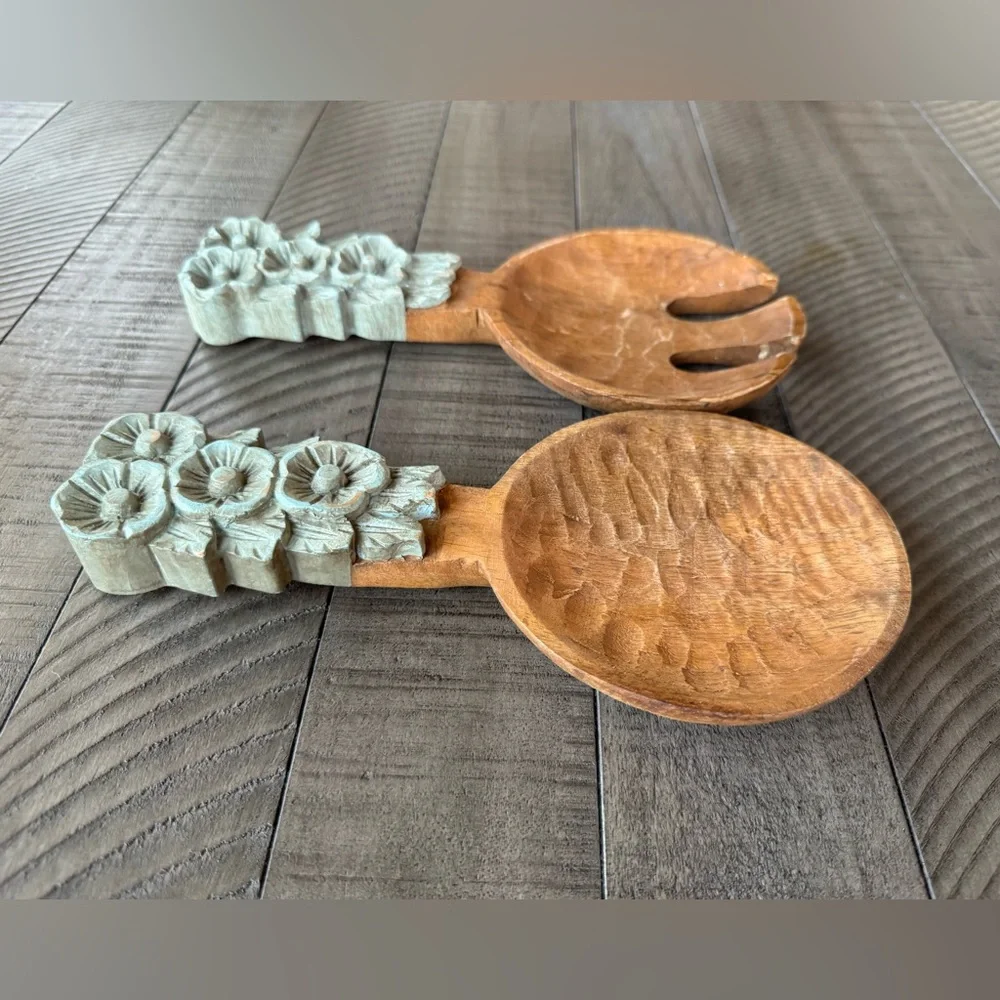 Valley of Flowers Handcrafted Wooden Fork & Spoon Salad Servers